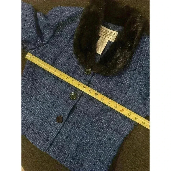 Vintage Jessica Howard 4P Blue Black Sparkle Tweed Faux Fur Collar Blazer Jacket - Picture 6 of 7